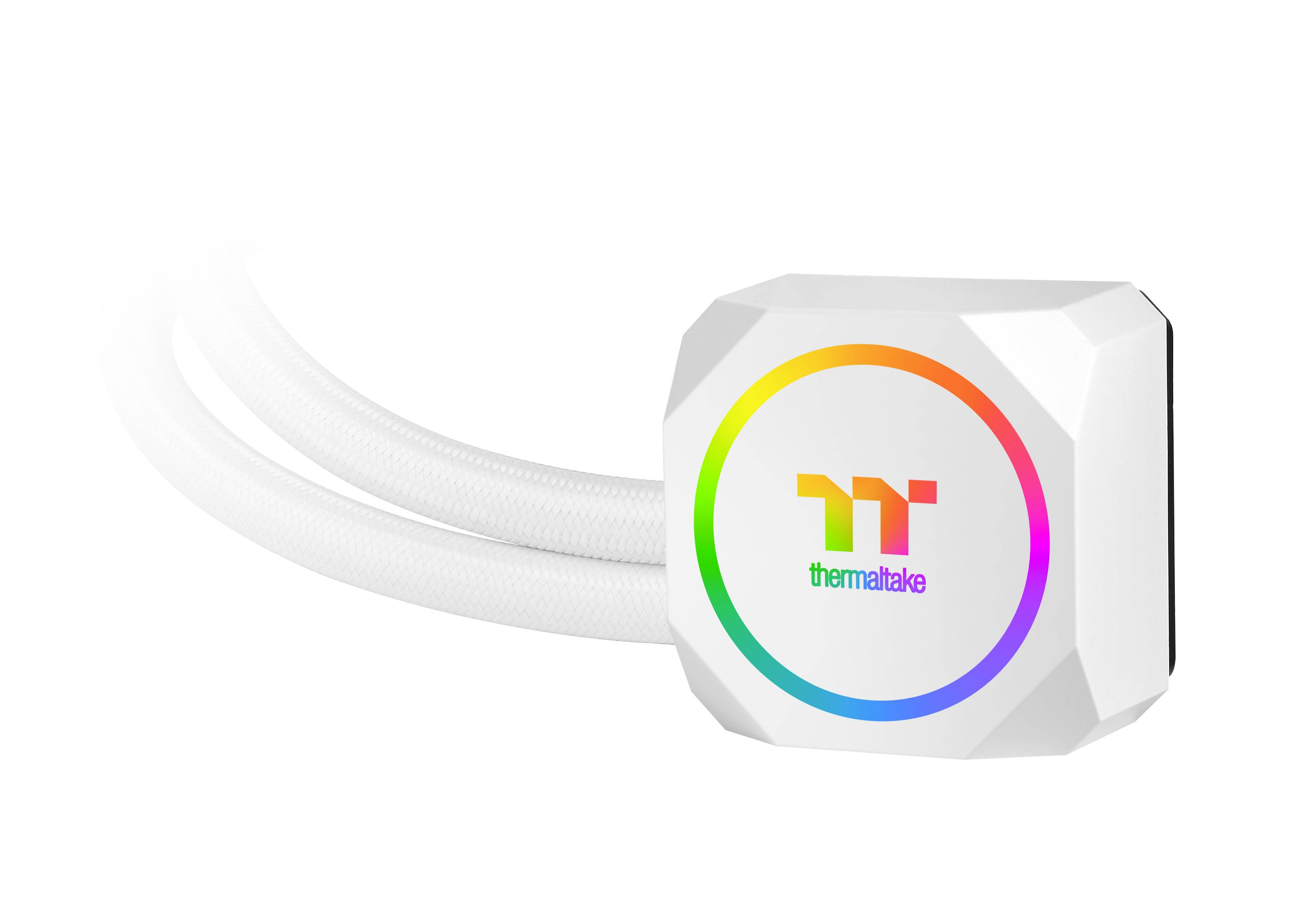 Een witte behuizing met een gekleurde LED-rand. Het logo van het merk in het midden. Twee witte kabels zijn aangesloten.