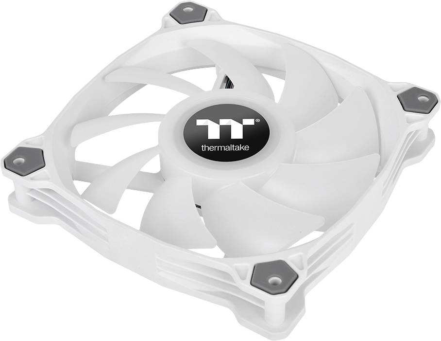 Een witte computerkoeler van Thermaltake met een rond logo in het midden.