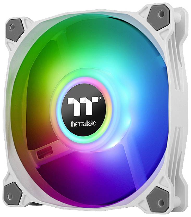 Een computerventilator met verlichte LED-verlichting in regenboogkleuren. Merklogo 'Thermaltake' in het midden van de ventilator.