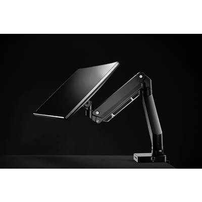 Kantelbare monitorarm op een bureau. De arm houdt een plat beeldscherm en maakt flexibele positionering en verstelling mogelijk.