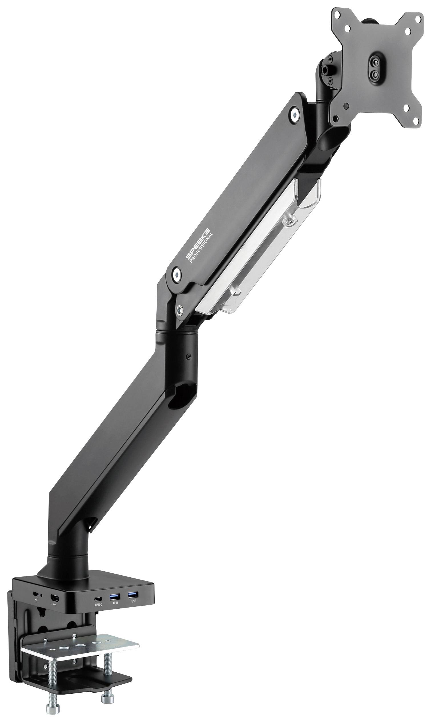 Zwarte monitorarm voor tafelbevestiging, met USB-aansluitingen en verstelbaar gewricht voor flexibele schermpositionering.