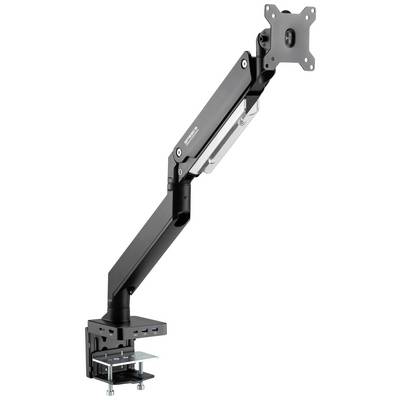 Zwarte monitorarm voor tafelbevestiging, met USB-aansluitingen en verstelbaar gewricht voor flexibele schermpositionering.