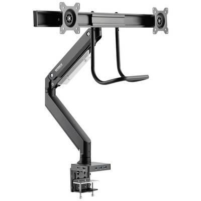 Dubbele monitorarm van zwart metaal, geschikt voor tafelbevestiging. Voorzien van USB-aansluitingen aan de basis.