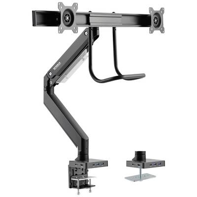 Monitorstandaard, zwart van kleur, met flexibele armen die aan een tafel kunnen worden bevestigd. Beschikt over USB-poorten en kabelklemmen.