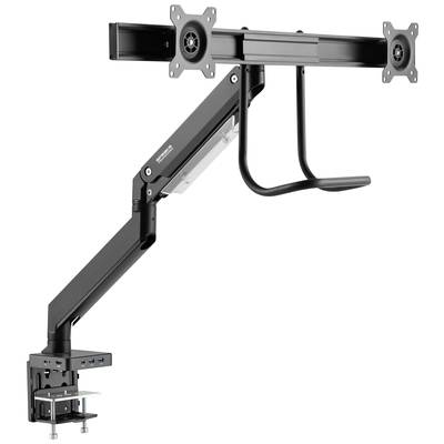 Een aan een tafel bevestigde, verstelbare monitorarm met twee houders voor het bevestigen van monitoren ten behoeve van ergonomische werkplekindrichting.