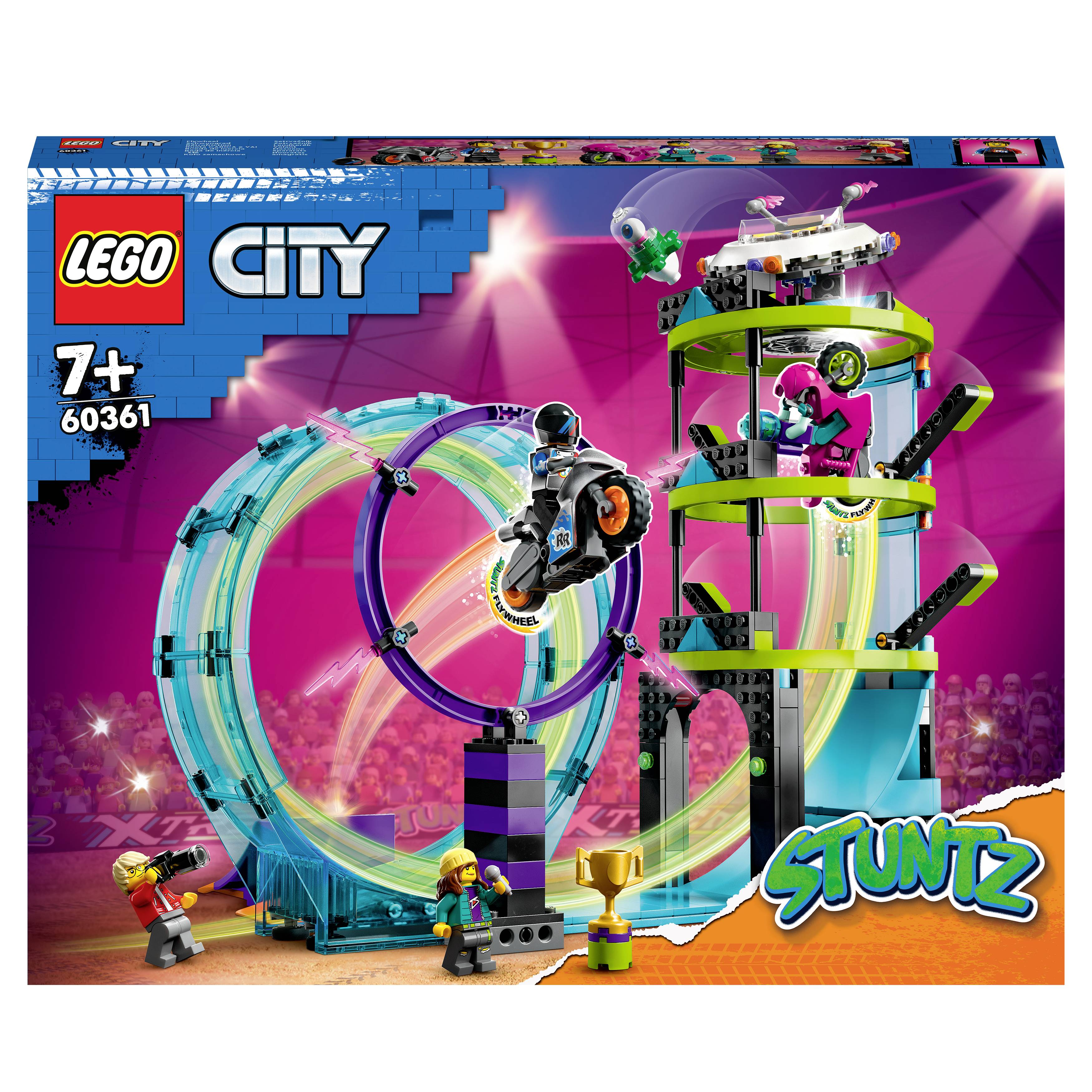 LEGO-speelset 'City Stuntz' met een paars-blauwe lus, een motorcoureur en een meerlagige ramp. Geschikt voor kinderen vanaf 7 jaar.