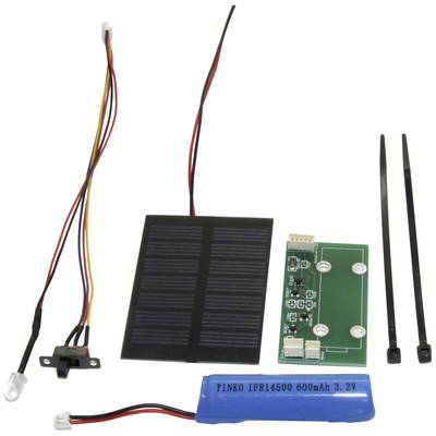 Zonnecel met kabels, printplaat, lithium-ion accu, LED-lamp en kabelbinders. Geschikt voor DIY-energiemodules.