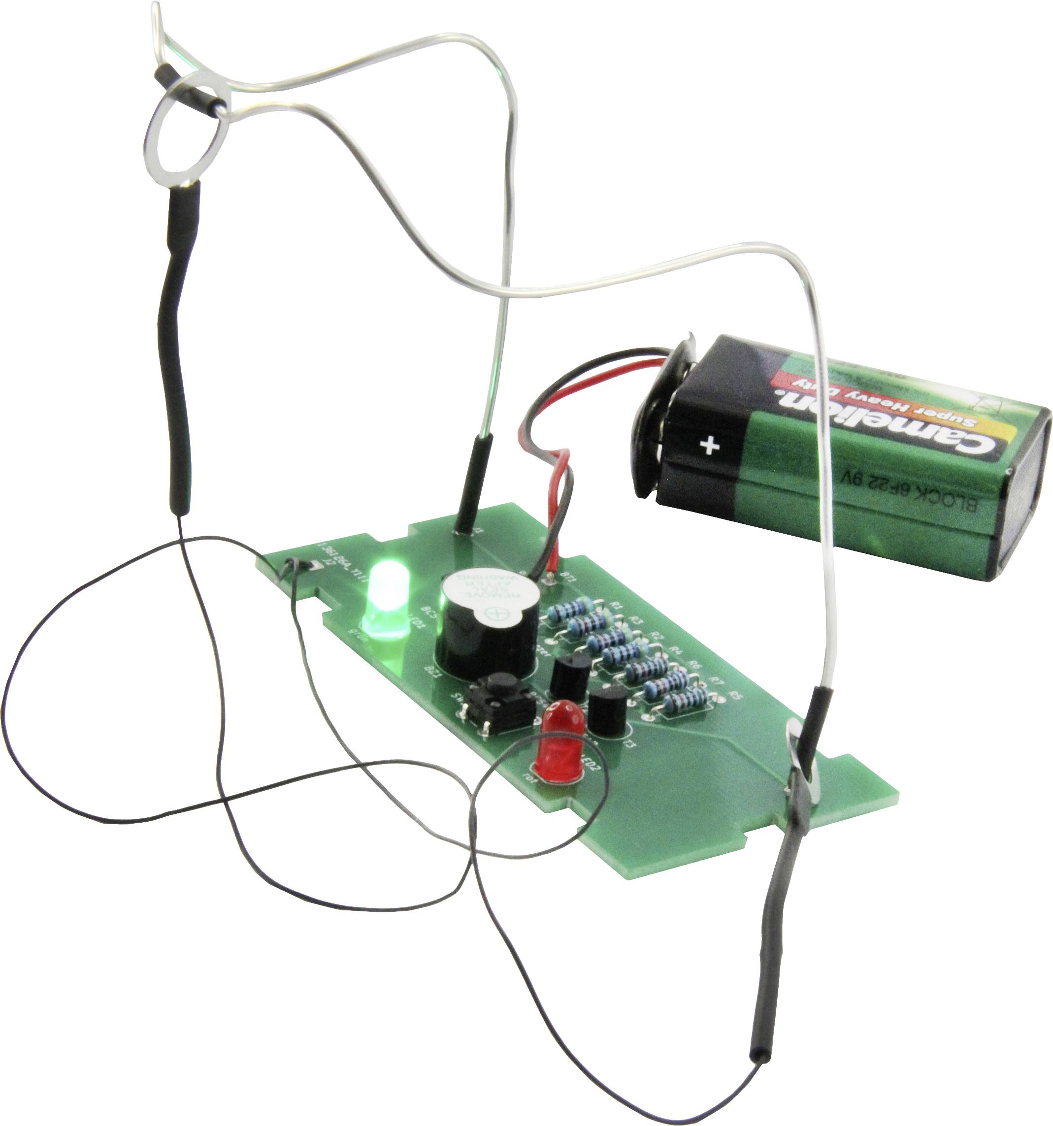 Een printplaat met drie led's (groen, rood) en een aangesloten 9V-batterijhouder, bedraad voor stroomvoorziening en schakelingen.