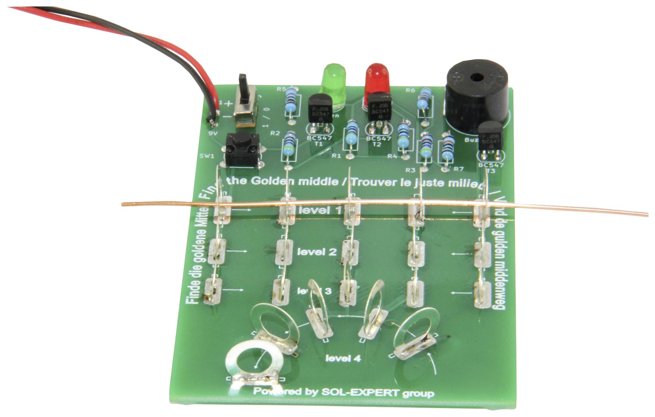 Elektronische schakeling met led's, schakelaars en weerstanden op een groene printplaat. Twee draden bovenaan verbonden, rode en groene led's branden.