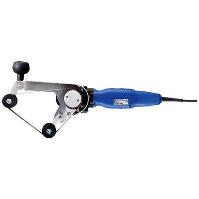 Een elektrisch slijpgereedschap met een blauwe handgreep en een schuurband. Het wordt gebruikt voor oppervlaktebewerking.