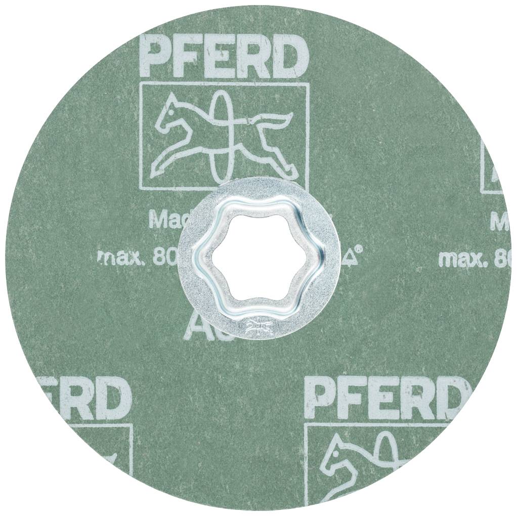 Groene slijpschijf met opdruk 'PFERD', logo van een paard en vermelding van de maximale omwentelingssnelheid (80 m/s).