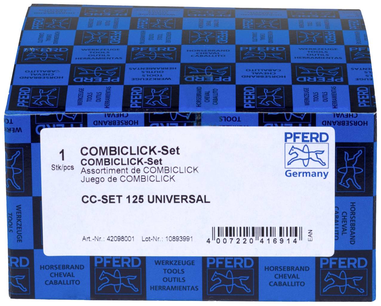 Doos met COMBICLICK-set van PFERD Germany, bevat 125 schijven, productcode CC-SET 125 UNIVERSAL.