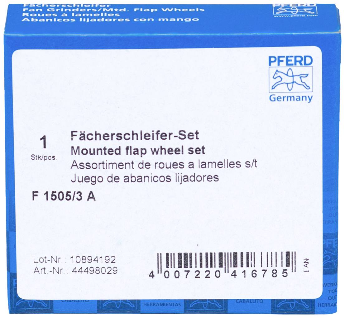 'Waaierslipset van PFERD Germany' Verpakkingsetiket met artikelnummer F 1505/3 A, bevat details over aantal stuks en barcodes.
