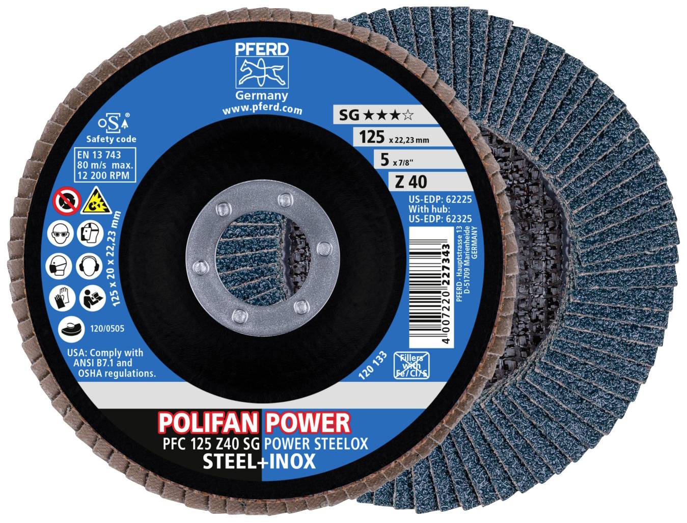 Slijpschijf met etiket. Merk 'Pferd', model 'Polifan Power'. Diameter: 125 mm, max. 12.200 tpm, geschikt voor staal en roestvrij staal.