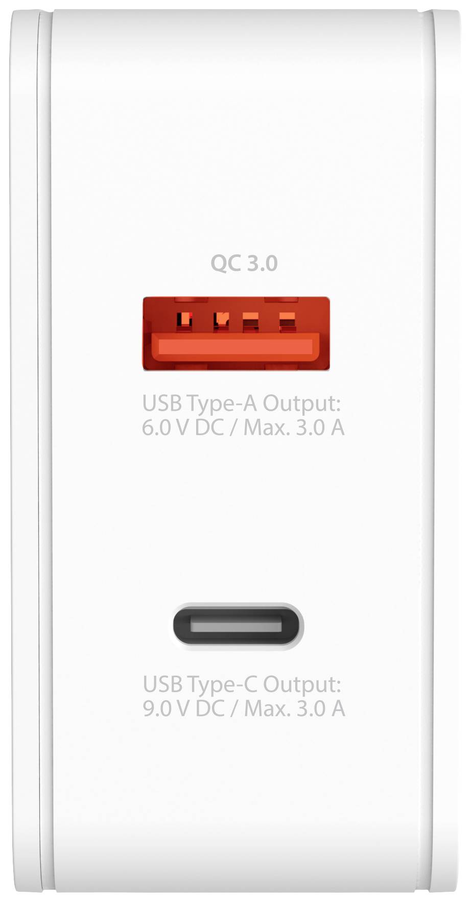 Een wit oplaadapparaat met twee aansluitingen: een USB Type-A met 'QC 3.0' en een USB Type-C. Bijschriften tonen stroomsterkte en spanning.