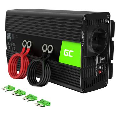 Zwarte spanningsomvormer met groene 'GC' indicator en twee kabels (rood en zwart). Vier groene zekeringen zijn ernaast geplaatst.