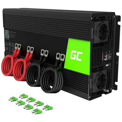 Een zwarte omvormer met een groen 'GC'-logo, meerdere rode en zwarte kabels rechts en groene aansluitingen onderaan.