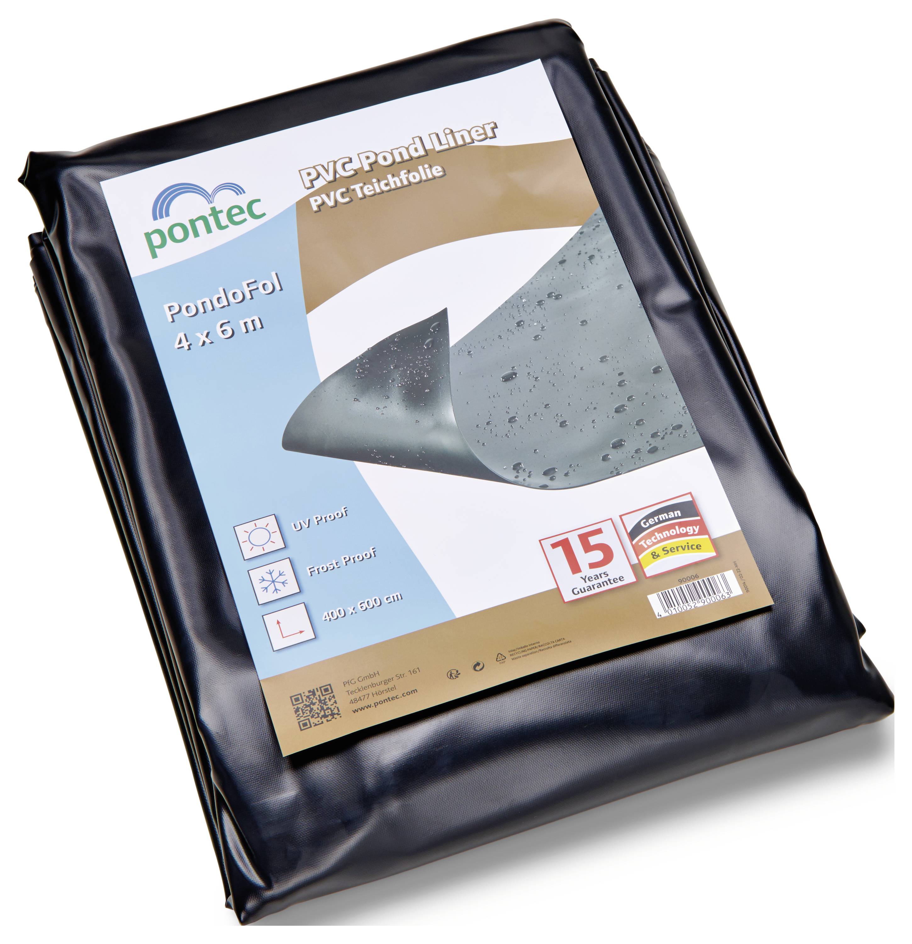 PVC vijverfolie verpakking gelabeld 'PondoFol 4x6m'. Voorzien van waterdichte en vorstbestendige pictogrammen, 15 jaar garantie, merk 'pontec', afmetingen 400x600 cm.