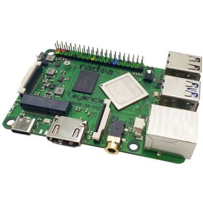 Een groen ontwikkelbord met meerdere aansluitingen en chips, vergelijkbaar met een Raspberry Pi, voor computerprojecten en programmering.