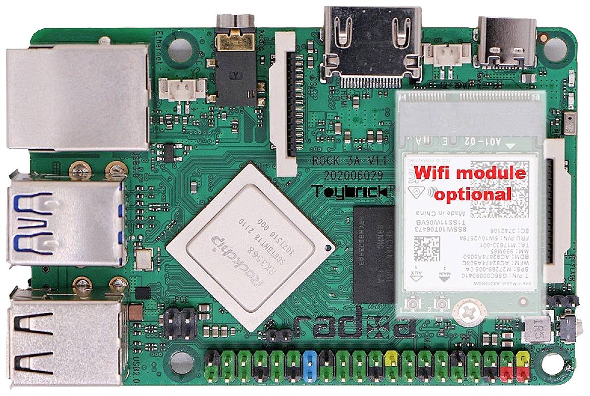 Een microcontroller-board met meerdere USB-poorten en een optioneel wifi-module; daarop is het opschrift 'Wifi module optional' te zien.