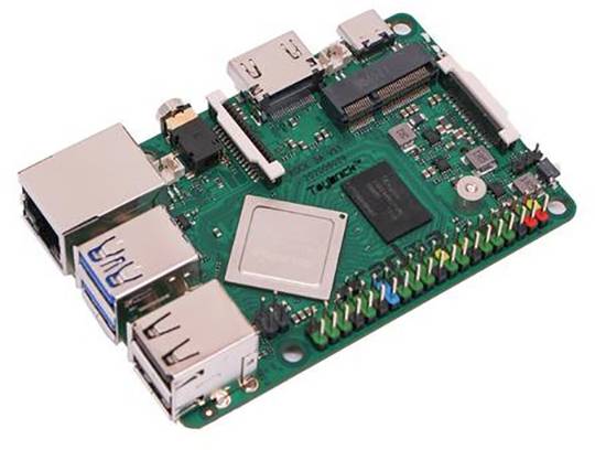 Een groen printplaatje met meerdere aansluitingen, waaronder USB- en HDMI-poorten, en gesoldeerde elektronische componenten.