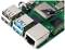 Groene printplaat met meerdere USB-poorten, een Ethernet-aansluiting en een grote vierkante zilveren chip linksboven.