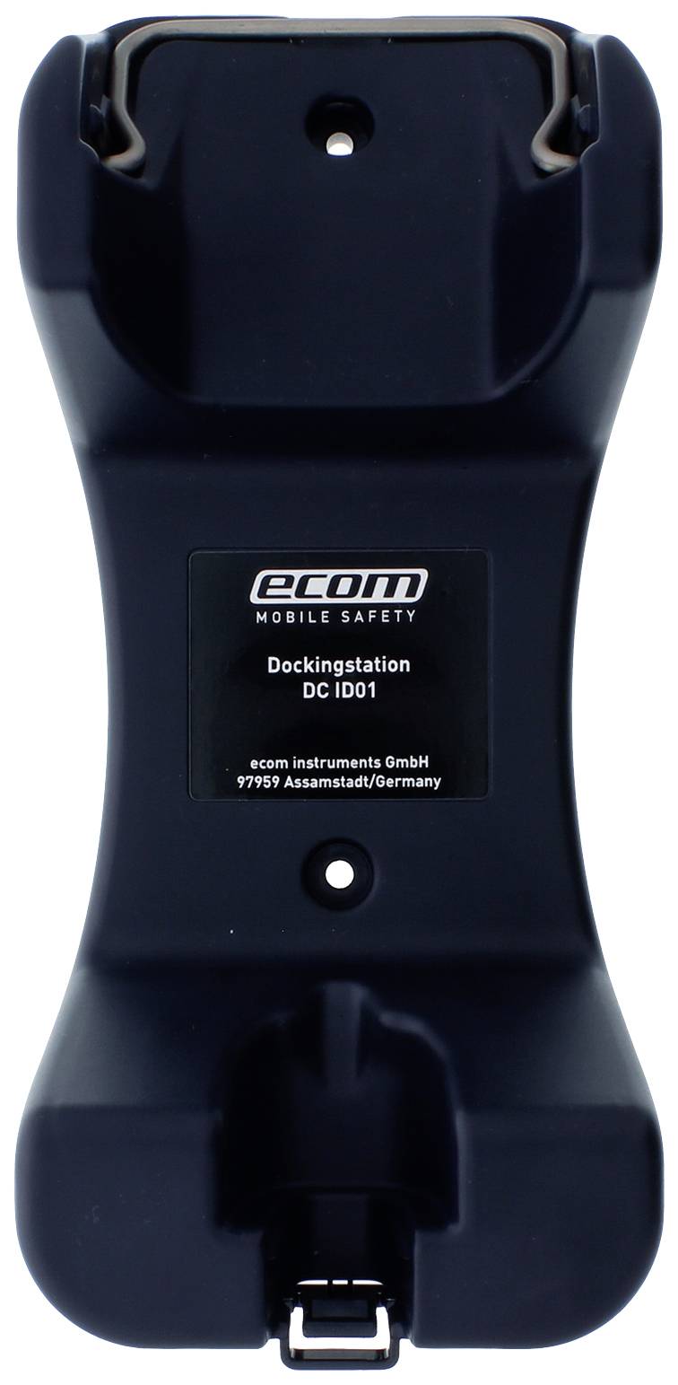 Handgedragen dockingstation met 'ecom mobile safety'-logo; dient voor veilige opslag en verbinding van apparaten.