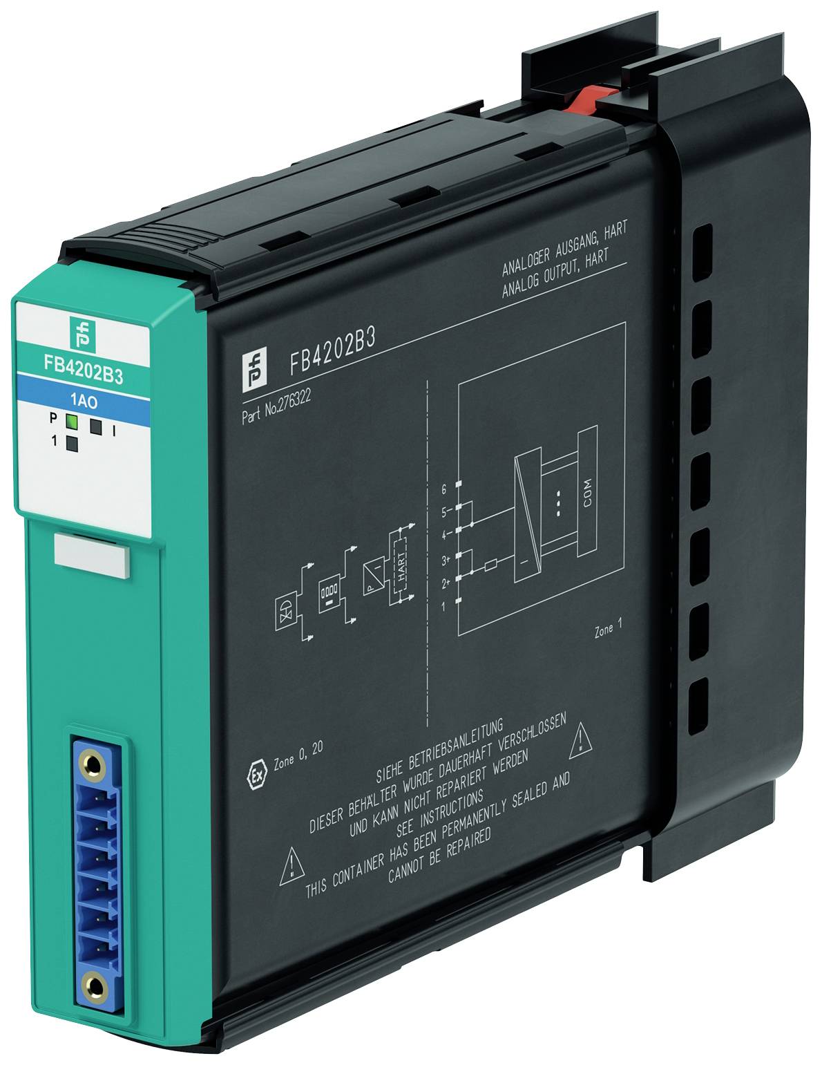 Een elektronisch meetapparaat met een groene voorkant en meerdere aansluitingen, gemarkeerd als 'FB4202B3', technische gegevens op de zijkant.