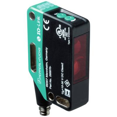 Een kleine, rechthoekige sensor van Pepperl+Fuchs met groene knoppen en een rood lichtvenster, gebruikt voor industriële detectie.