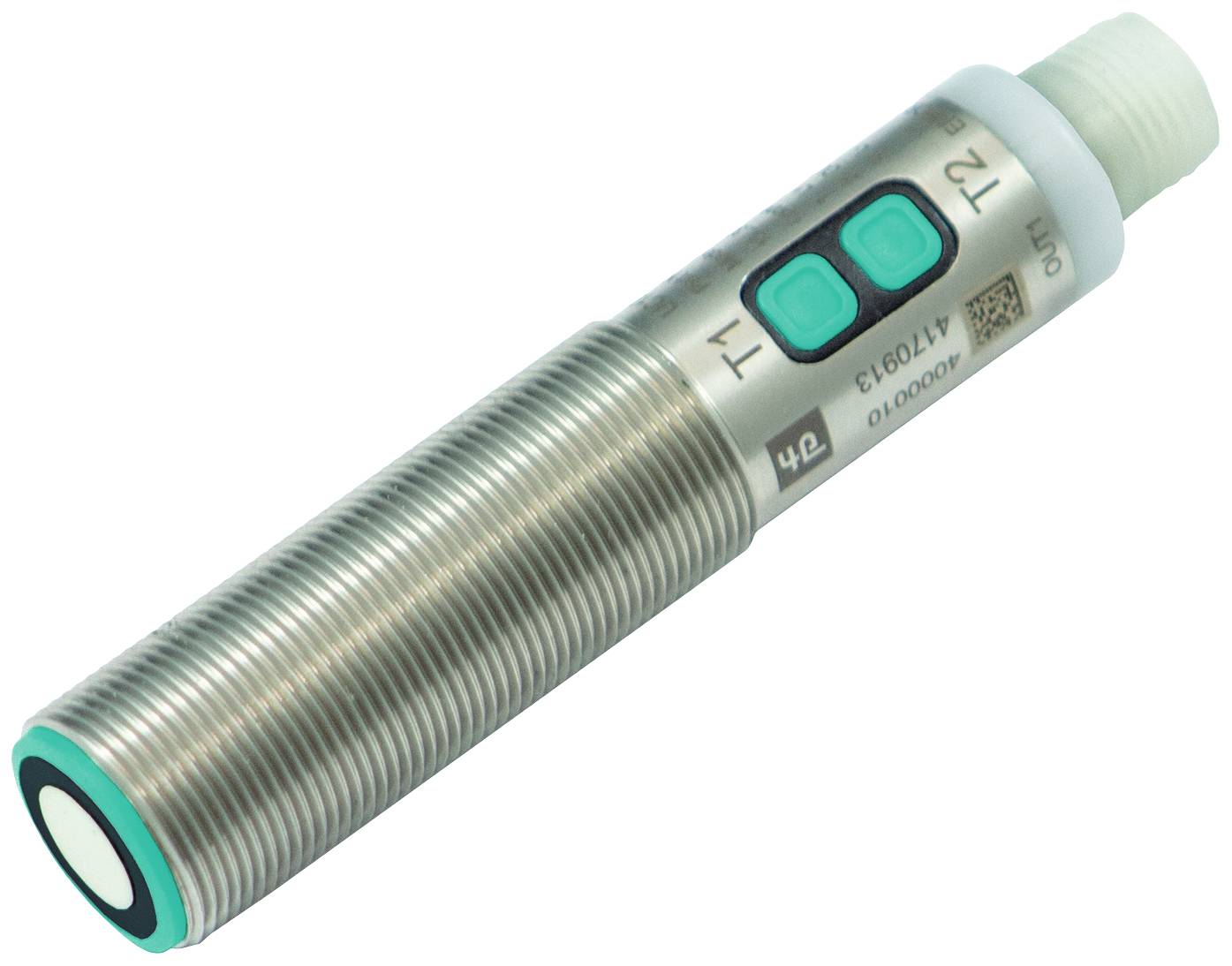 Een cilindrische ultrasone sensor met metalen behuizing en twee groene knoppen aan de bovenkant, gebruikt voor afstandsmeting.