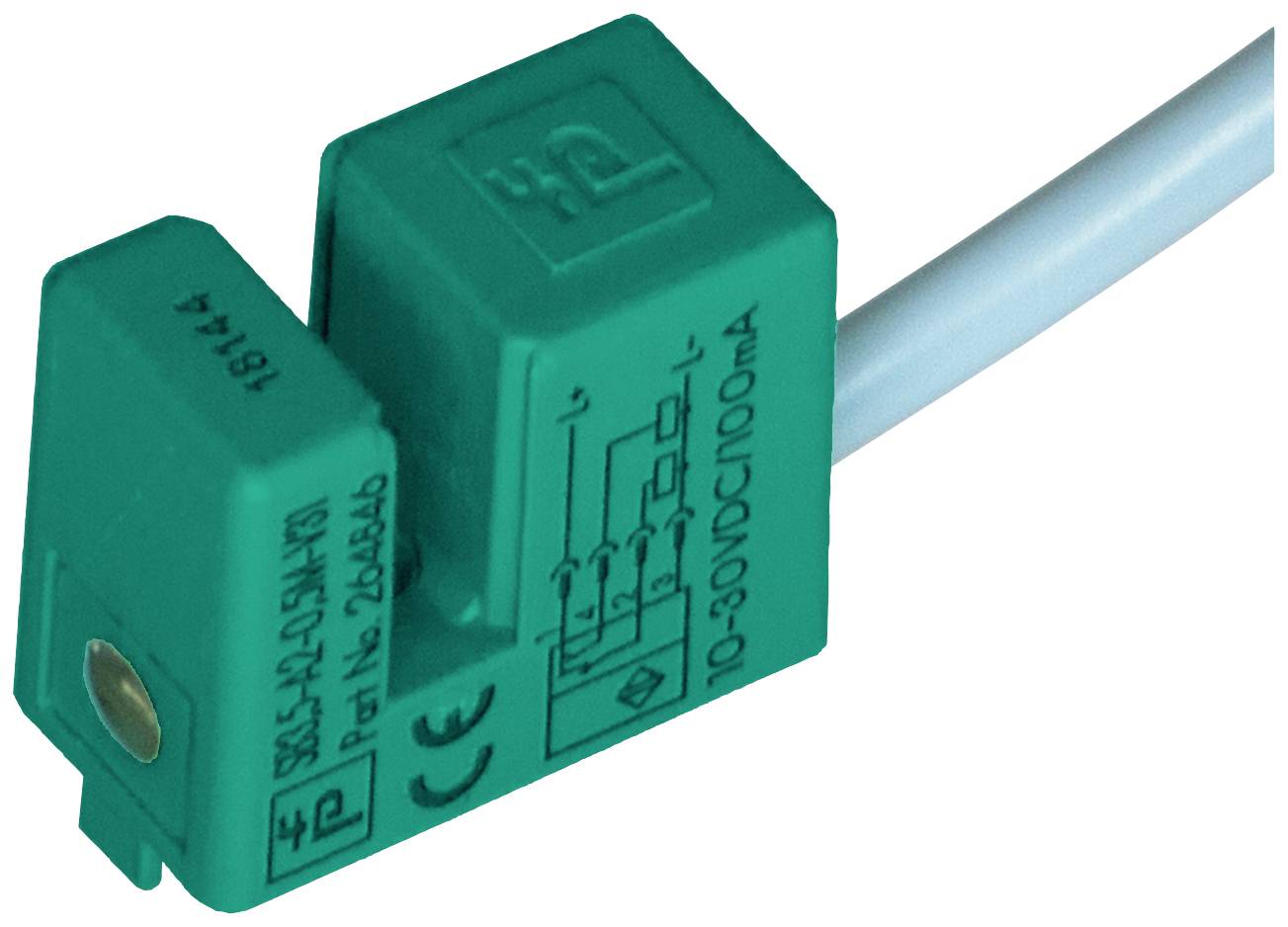 Een groene inductieve sensor met technische markeringen en een aangesloten kabel. Geschikt voor spanningen van 10-30 V DC, 100 mA.