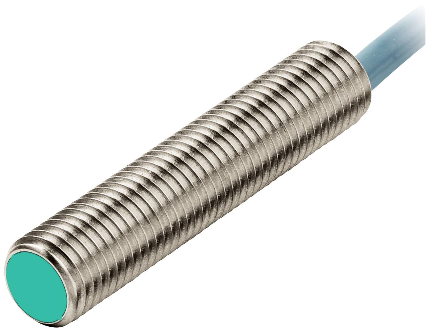 Een cilindrische, gegroefde metalen cilinder met een groen uiteinde en een blauwe kabel, vermoedelijk een sensor of elektronisch onderdeel.