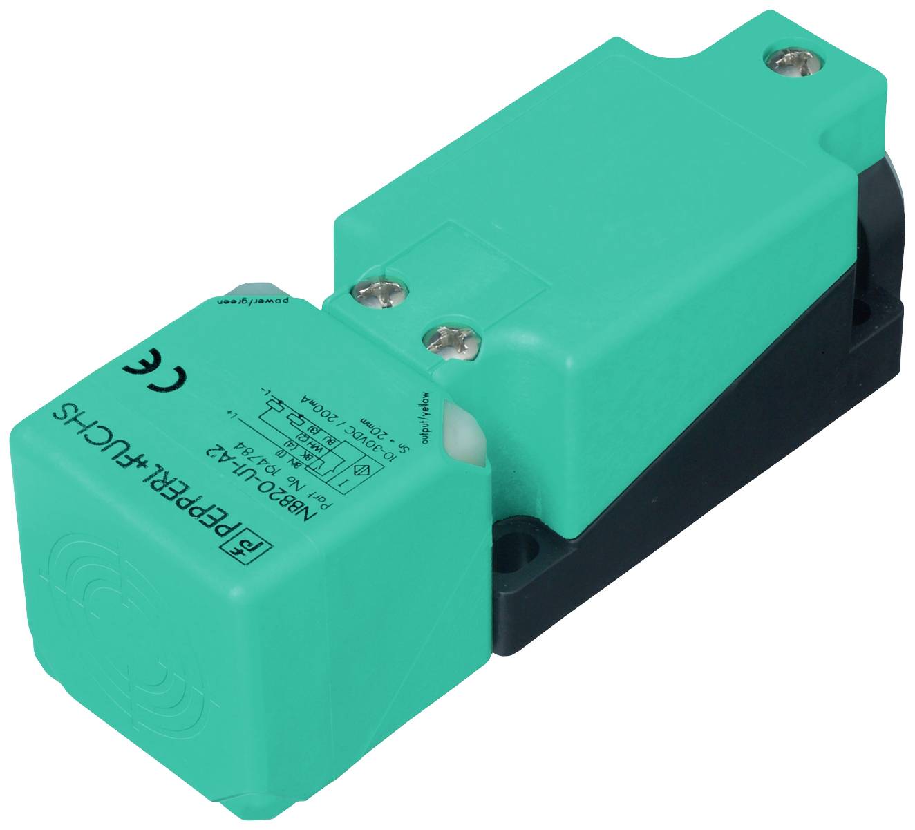 Een groene nabijheidssensor met zwarte basis van Pepperl+Fuchs, model NCB20-30GM. Geschikt voor industriële toepassingen.