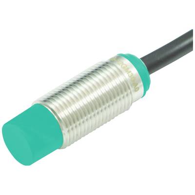 Inductieve nabijheidsensor in cilindrische vorm met metalen behuizing en groen kunststof uiteinde, verbonden met een zwart kabel.
