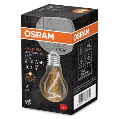 Packaging of an OSRAM Vintage 1906 LED lamp, 3.4 Watts, 100 Lumens, warm white light, E27 socket, with 3 years warranty.