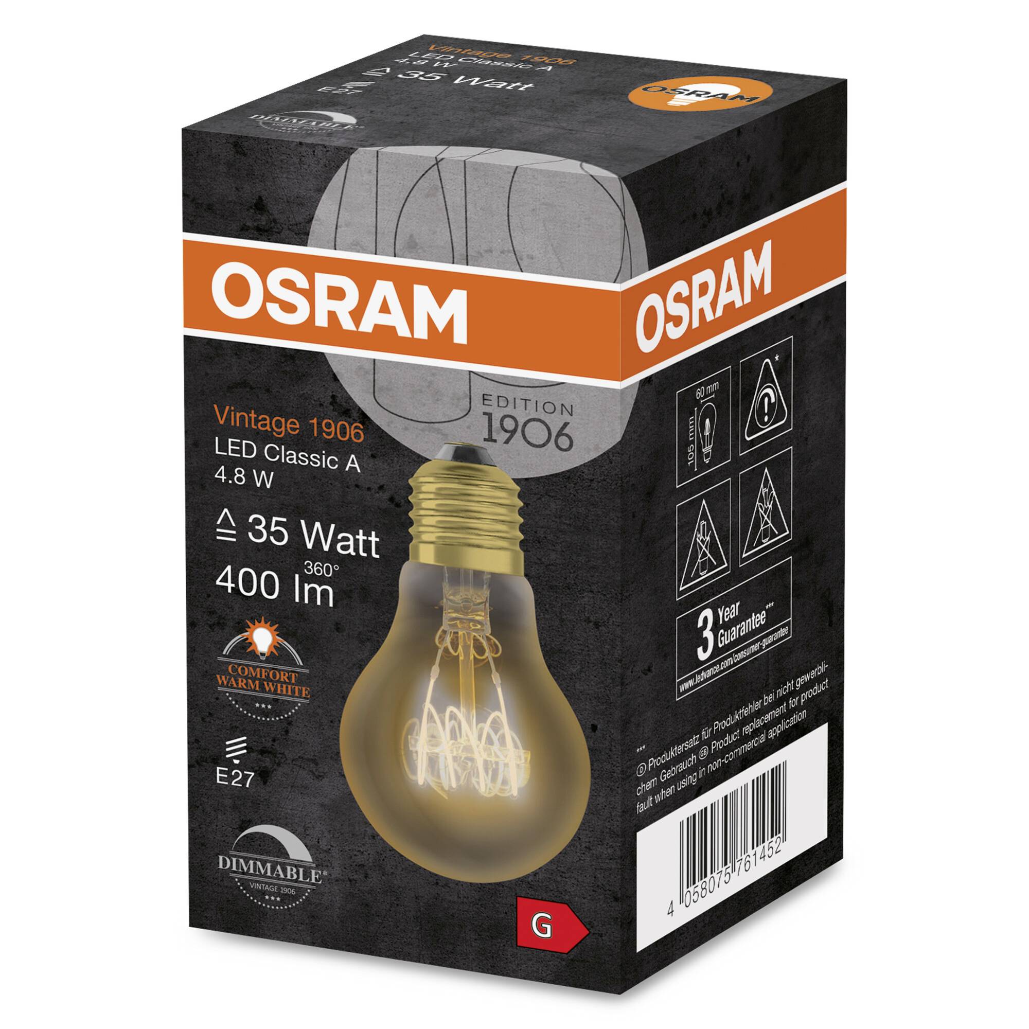Packaging of an Osram LED lamp, Vintage 1906 model, 4.8 W, 400 lm, warm white, dimmable, with E27 base, 3-year warranty.