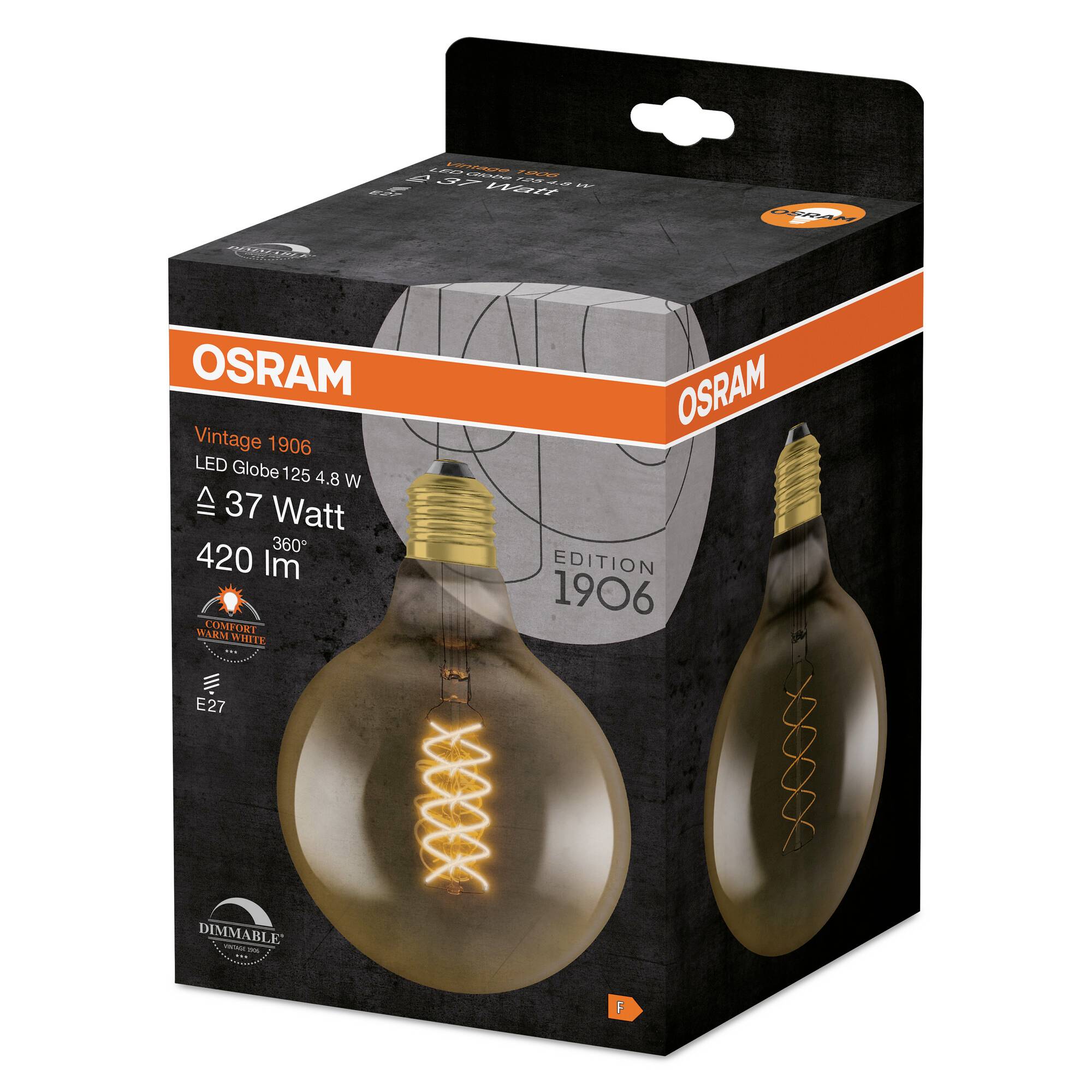 Een Osram-gloeilampverpakking toont een 'Vintage 1906 LED Globe' met 37 watt en 420 lumen. De verpakking is donker met een retro-ontwerp.