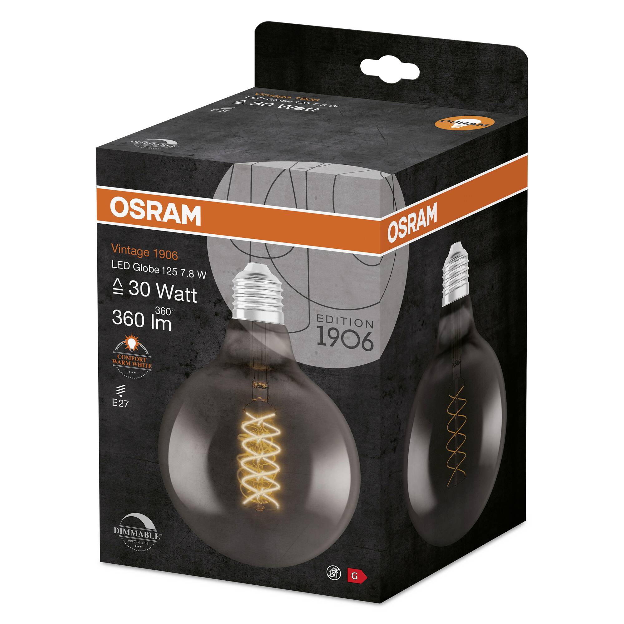De verpakking van een OSRAM LED-lamp, model 'Vintage 1906', 125 mm, 7,5 W, 360 lumen, E27-fitting, met decoratief spiraal-filament.