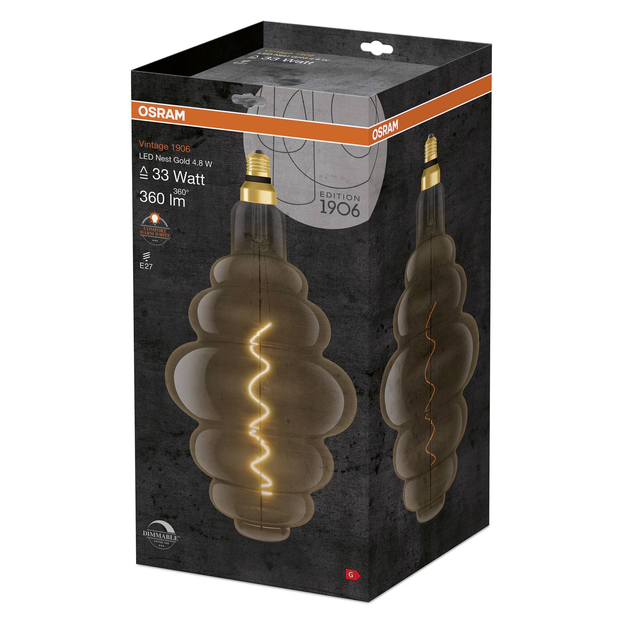 Kartonnen doos met een LED-lamp, gemerkt als 'OSRAM Vintage 1906', 33 Watt, 360 lm, warm goudkleurig licht, E27 fitting.