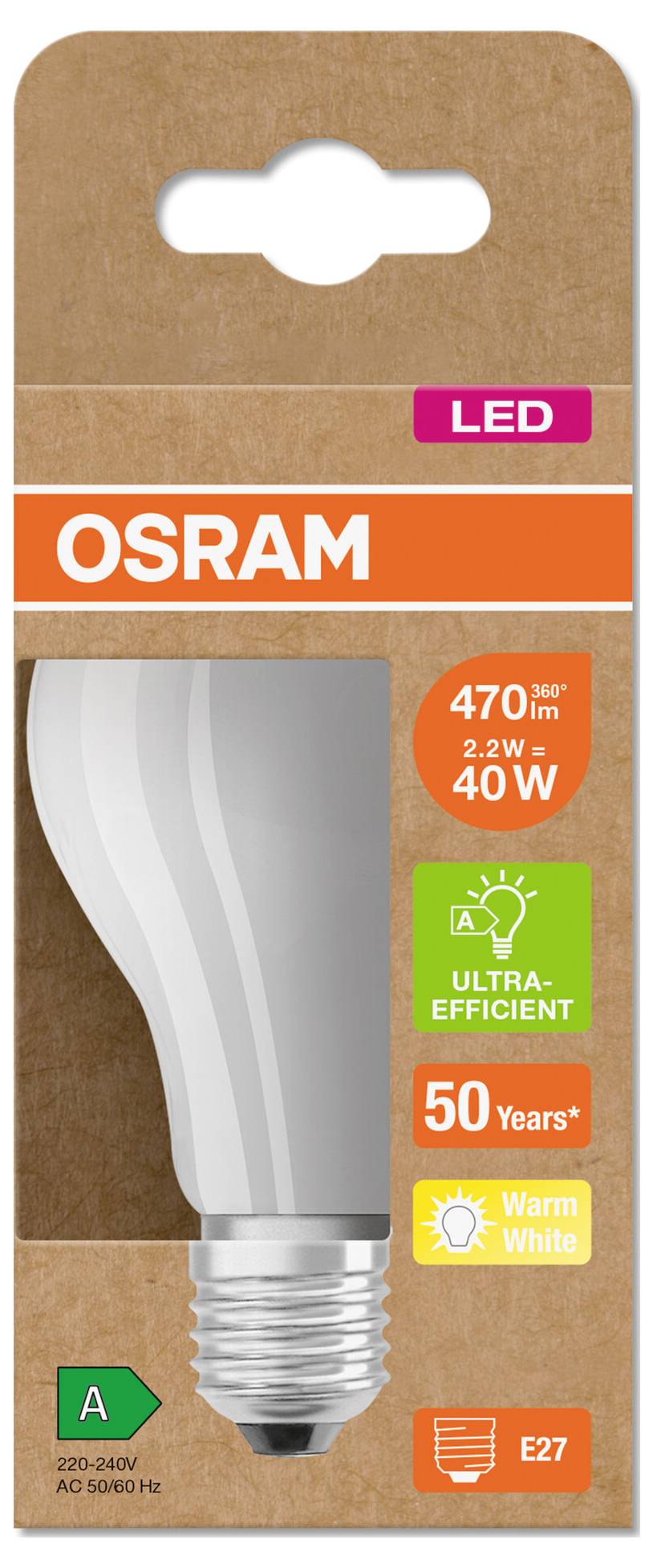 OSRAM LED-gloeilamp verpakking, met een 470 lm, 40 W equivalent, warm wit, ultra-efficiënt E27 lamp met A-energielabel.