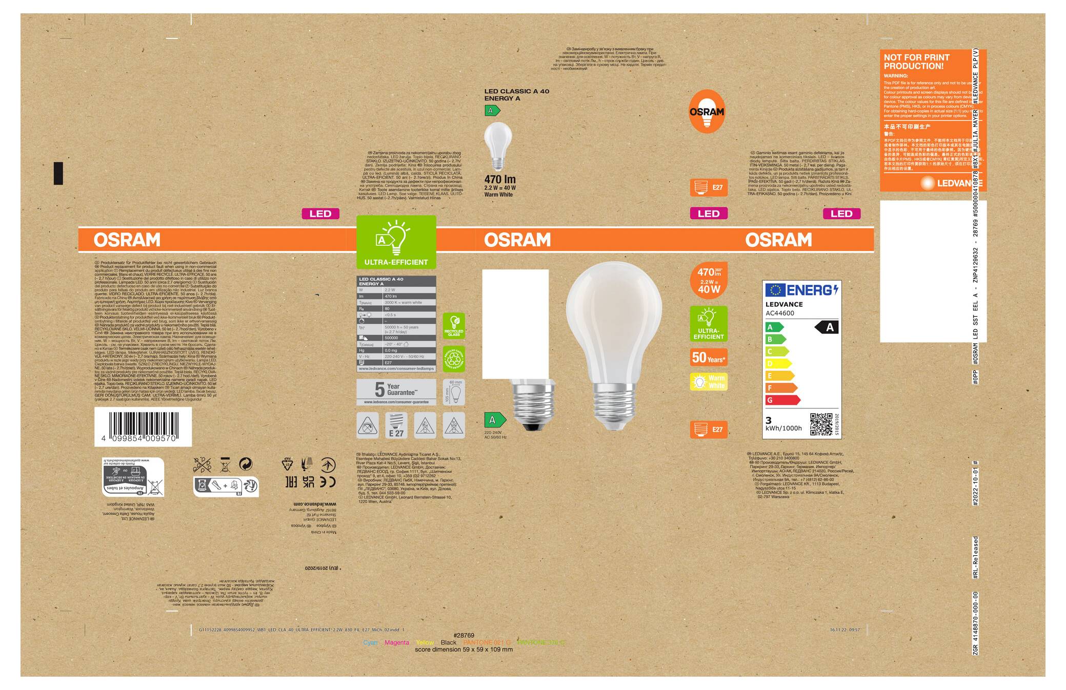 OSRAM LED-gloeilamp verpakking met productafbeelding, energielabel, pictogrammen voor wattage en helderheid, streepjescode en technische informatie.