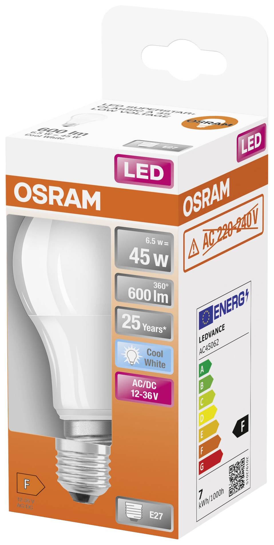 Packaging of an OSRAM LED light bulb, showing Energy Efficiency Class F, 45W, 600lm, cool white light color, E27 base.