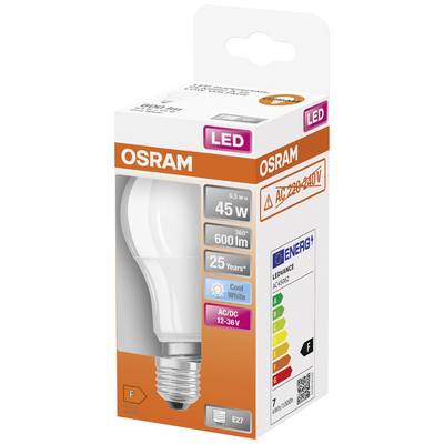 Packaging of an OSRAM LED light bulb, showing Energy Efficiency Class F, 45W, 600lm, cool white light color, E27 base.