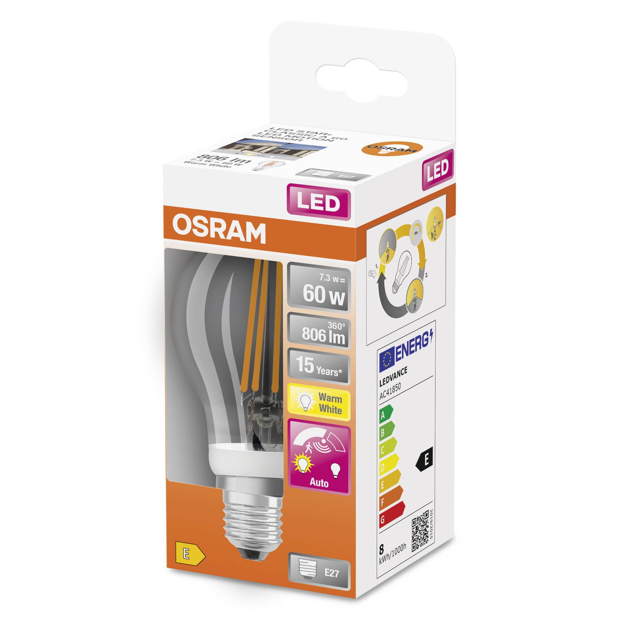 'OSRAM LED-lamp 60W, warmwitte kleur, 806 Lumen, Energie-efficiëntieklasse E, met een levensduur van 15 jaar.'