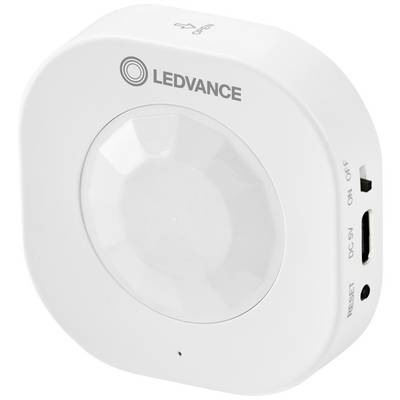 Een witte bewegingssensor met het opschrift 'LEDVANCE', een centraal sensorgat en zijdelingse aansluitingen voor stroom en instellingen.