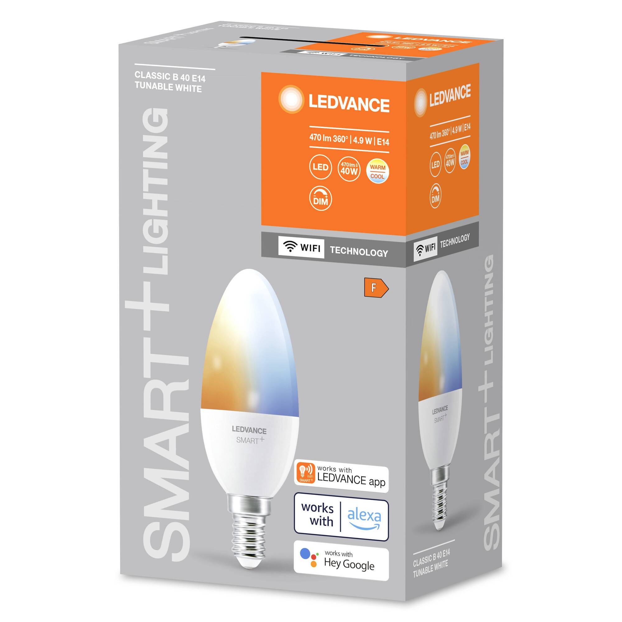 Verpakking van een LED-lamp van Ledvance. Opdrukken benadrukken compatibiliteit met Smart Home-platforms zoals Alexa en Google.