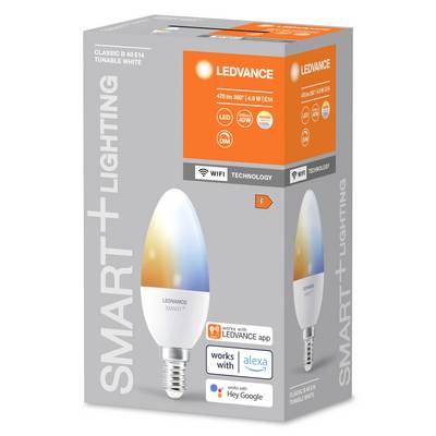 Verpakking van een LED-lamp van Ledvance. Opdrukken benadrukken compatibiliteit met Smart Home-platforms zoals Alexa en Google.