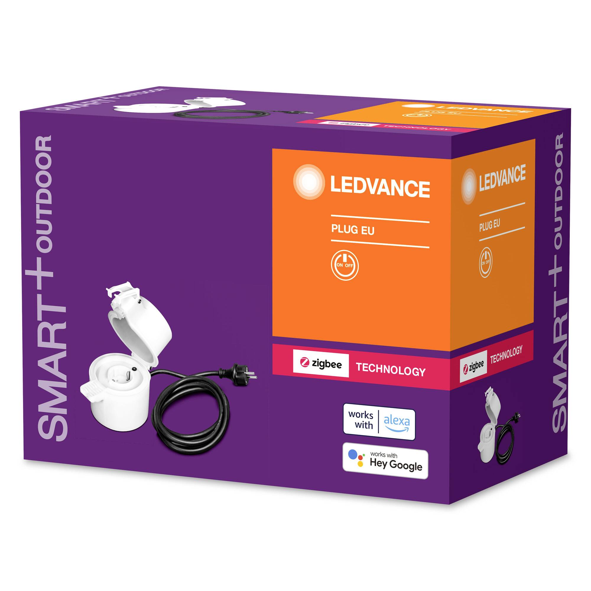 Paarse verpakking van een LEDVANCE SMART+ buitenstekker met zigbee-technologie. Compatibel met Alexa en Google Assistant.