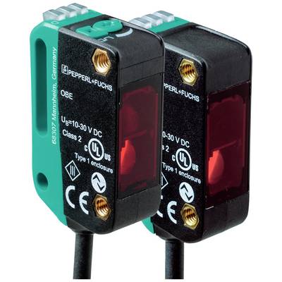 Twee zwarte, rechthoekige sensoren met rood licht aan de voorkant. Opschrift 'PEPPERL+FUCHS'. Elektronische componenten zichtbaar.