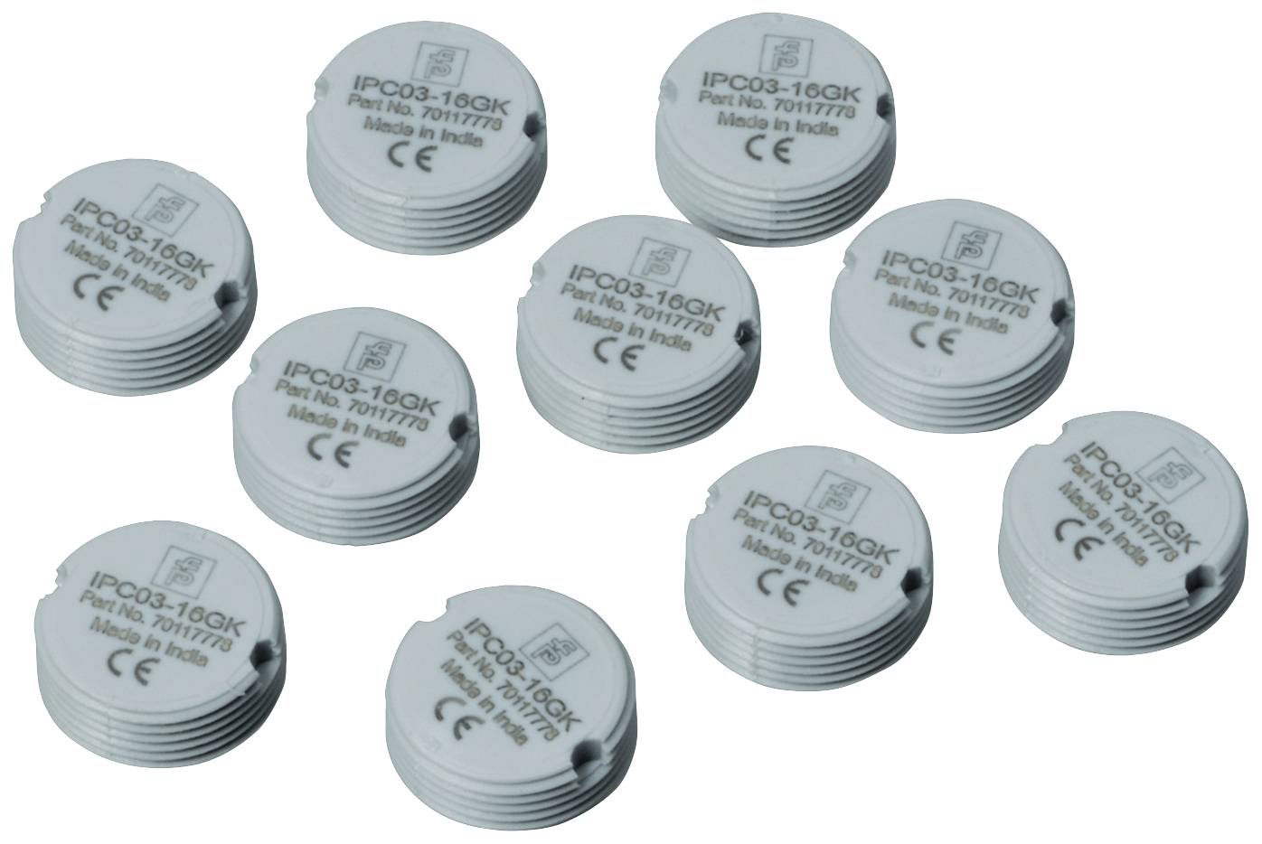 'Tien witte, ronde RFID-tags met CE-markering en opschrift 'Made in India', op een rij gelegd op een witte ondergrond.'